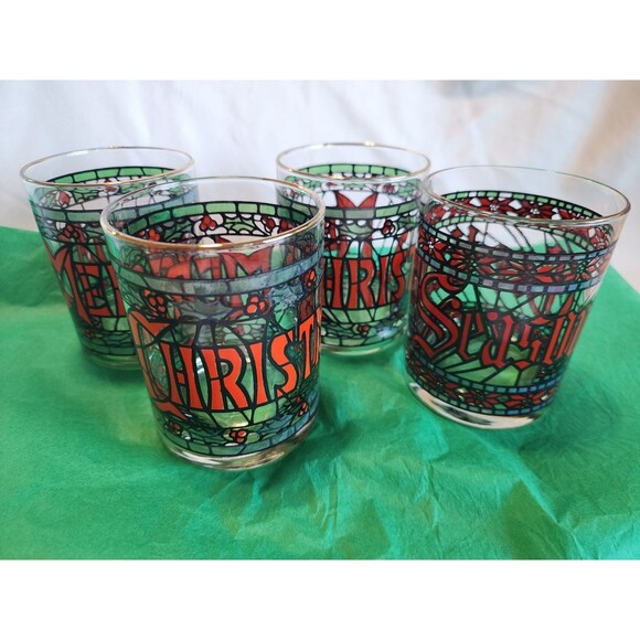 1970s Cera Houze Merry Christmas Seasons Greetings Gold Trimmed Set Of 4 Glasses - Picture 1 of 16